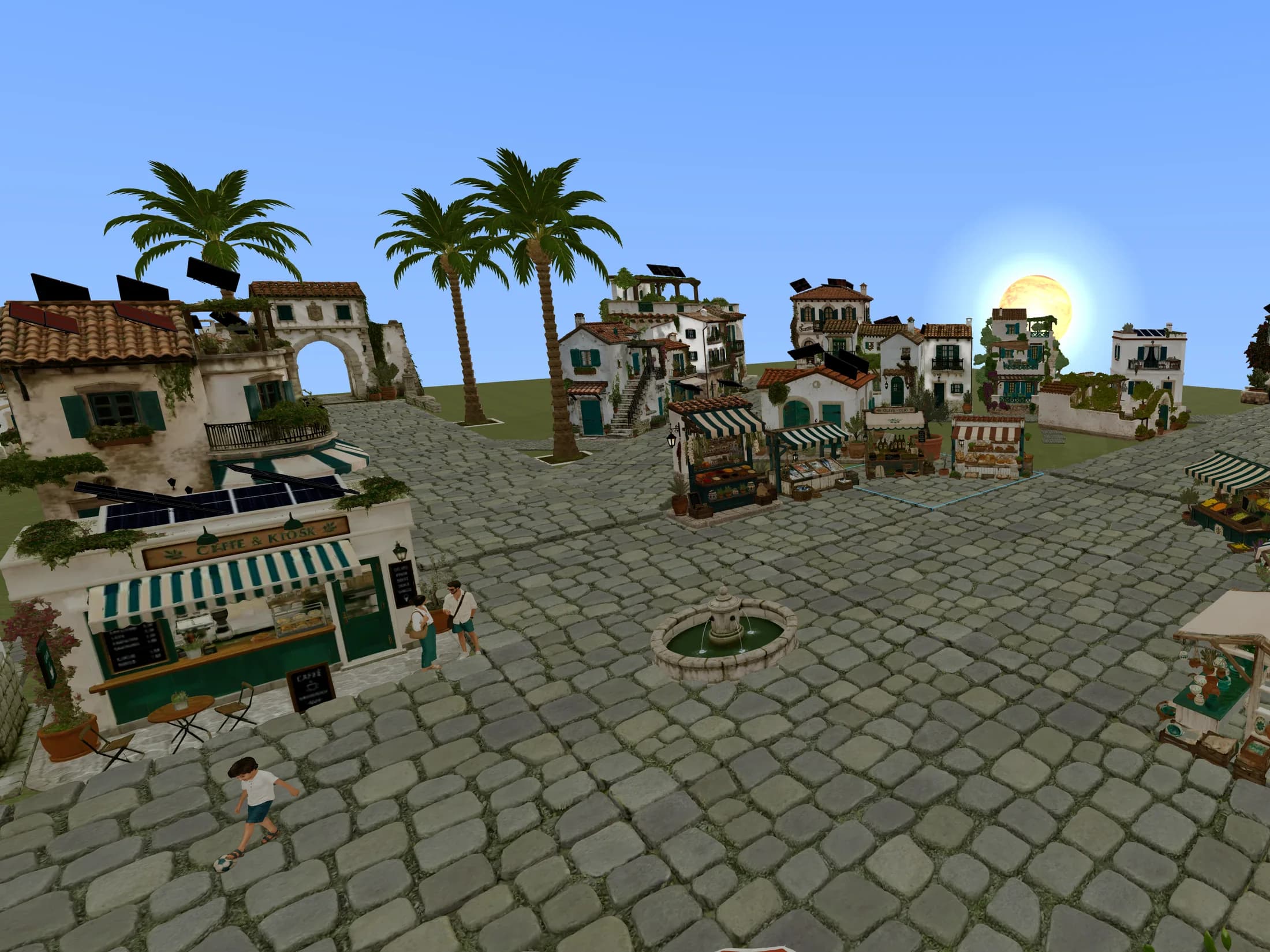 The partner app's 3D view of a simulated village at sunrise, with RayAlign dual-axis trackers standing on several of the rooftops.